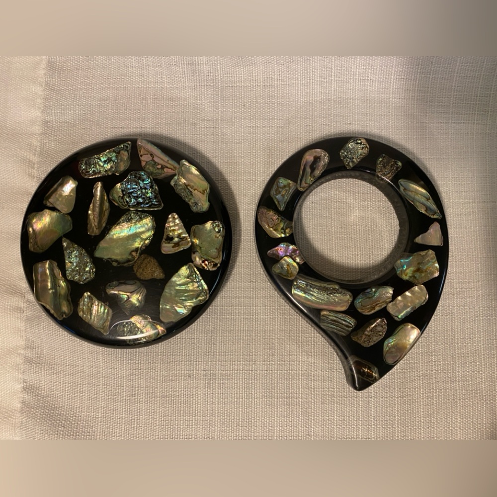 Set of 2 Vintage 1960s Handmade Abalone Shell Trivets Hotplates Made in USA